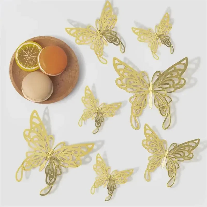 48pcs 3D Butterfly Wall Decor Wall Sticker, Gold Butterfly Decorations for Butterfly Birthday Party Cake Room Decorations