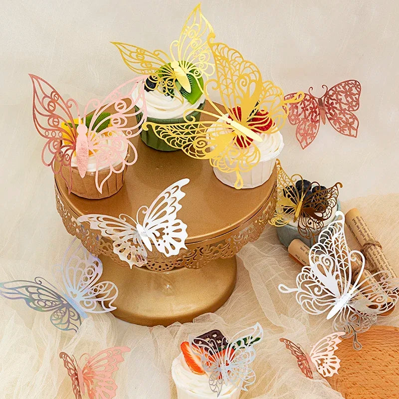48pcs 3D Butterfly Wall Decor Wall Sticker, Gold Butterfly Decorations for Butterfly Birthday Party Cake Room Decorations
