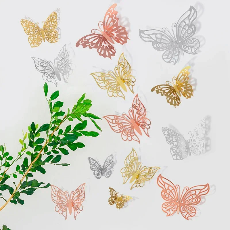 48pcs 3D Butterfly Wall Decor Wall Sticker, Gold Butterfly Decorations for Butterfly Birthday Party Cake Room Decorations