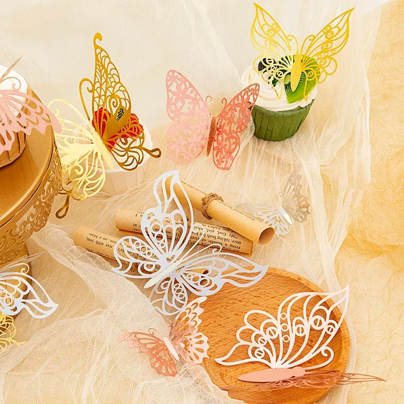 48pcs 3D Butterfly Wall Decor Wall Sticker, Gold Butterfly Decorations for Butterfly Birthday Party Cake Room Decorations