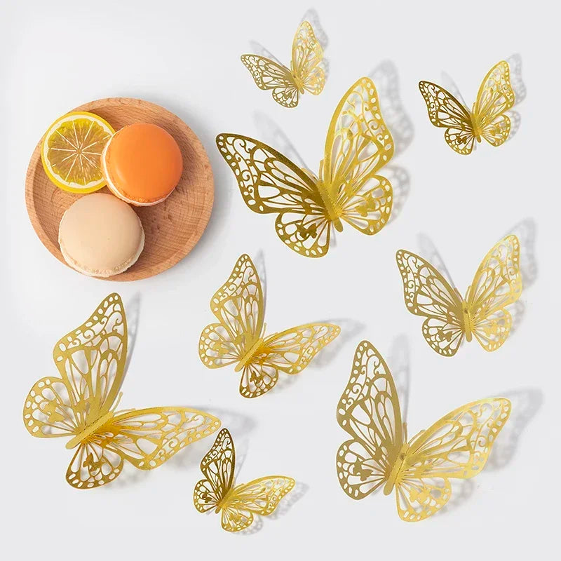 48pcs 3D Butterfly Wall Decor Wall Sticker, Gold Butterfly Decorations for Butterfly Birthday Party Cake Room Decorations
